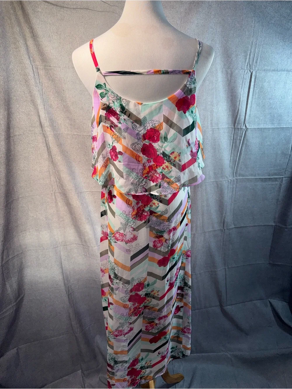 1601-Cato Floral Chevron Layered Maxi Dress - White, Pink, Green